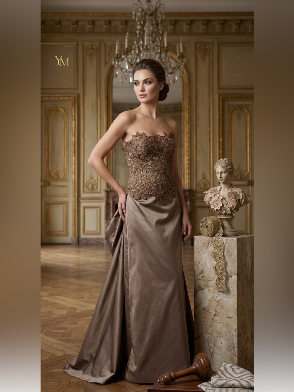 Yoly Munoz Appliqué Lace Corset Bustle Strapless Metallic Gala Event Gown 10‎